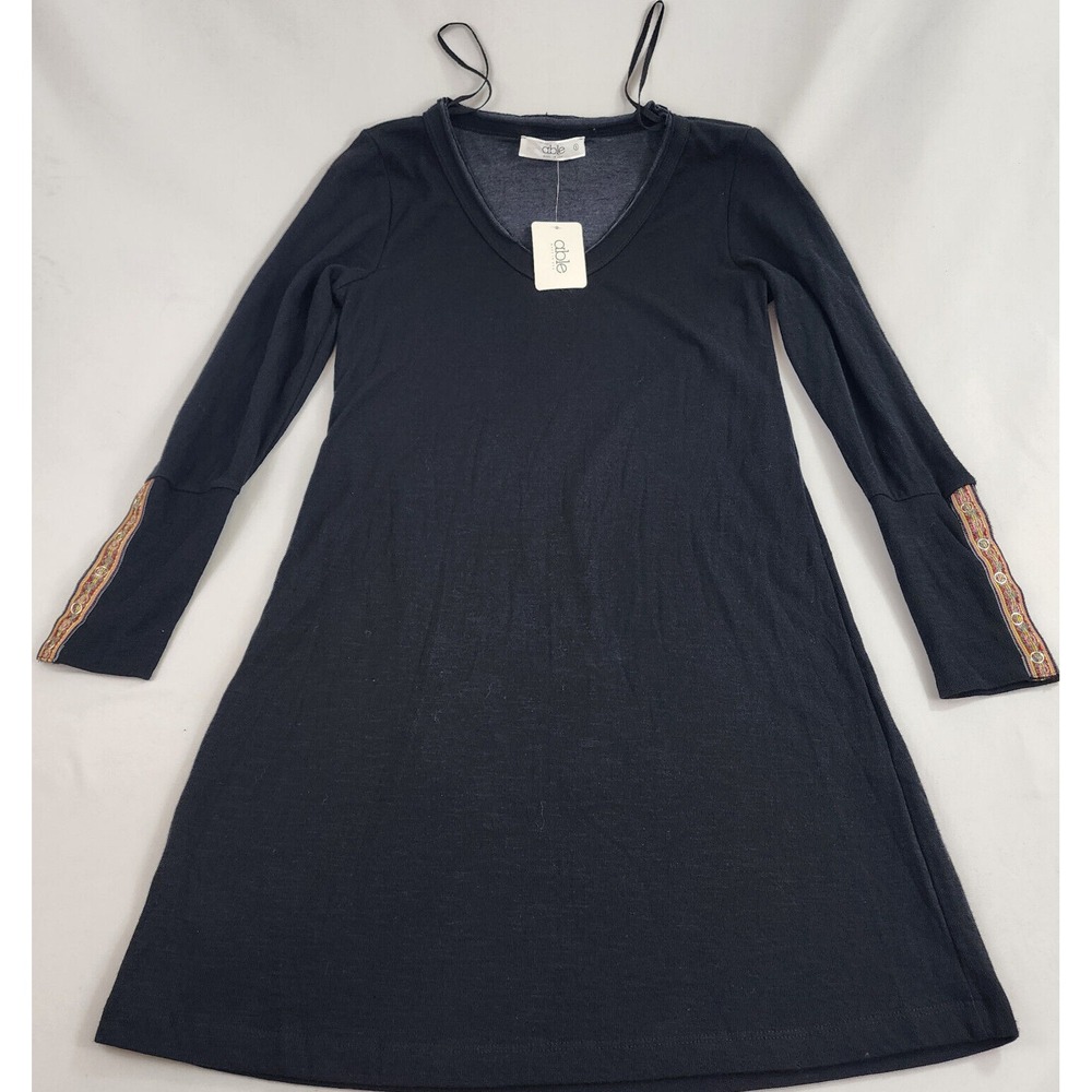 Able Dress Womens Small Black V-Neck Long Sleeve Midi USA Made 217034 Small
